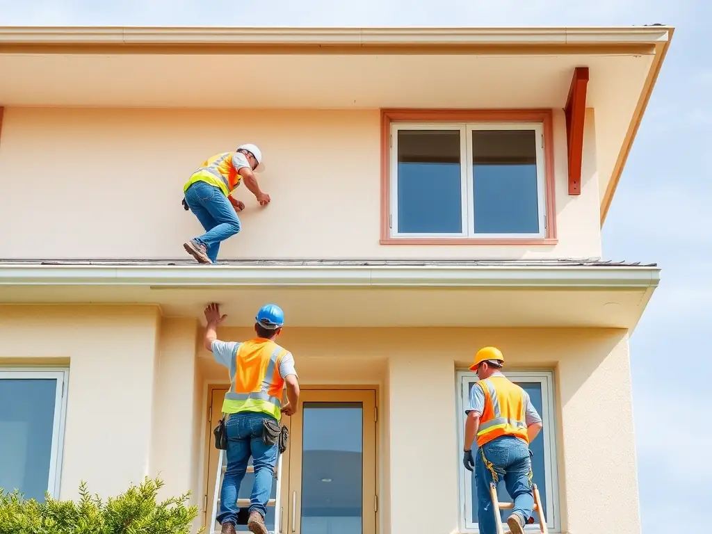 A well-maintained building exterior with workers inspecting the roof, showcasing ISPMS Ltd's commitment to quality building maintenance.